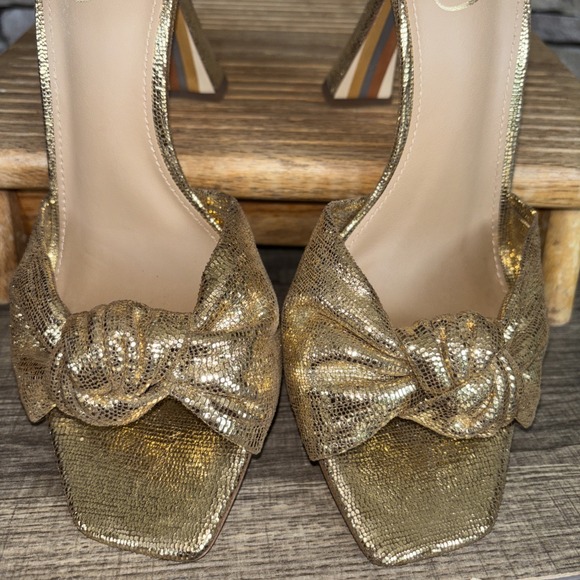 SAM EDELMAN Gold Glitter Metallic Bow High Heel Sandal Ankle Strap Women's 9 - Picture 14 of 16